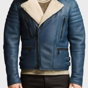 Mens Blue Shearling Leather Jacket