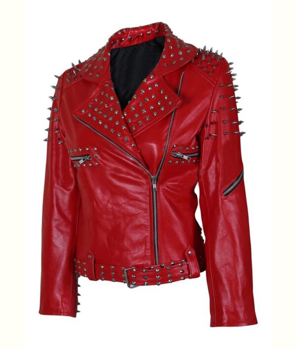 Red Spike Studded Leather Jacket