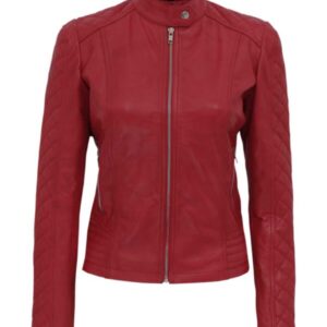 Womens Red Quilted Cafe Racer Leather Jacket